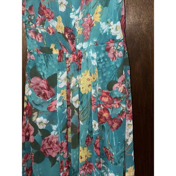 Evan Picone Lined Side Zip Dress Floral Teal Pockets Gathered Waist Size 14 - Picture 3 of 10